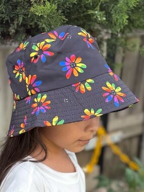 Kids Claire's Black Bucket Hat with Rainbow Floral Pattern